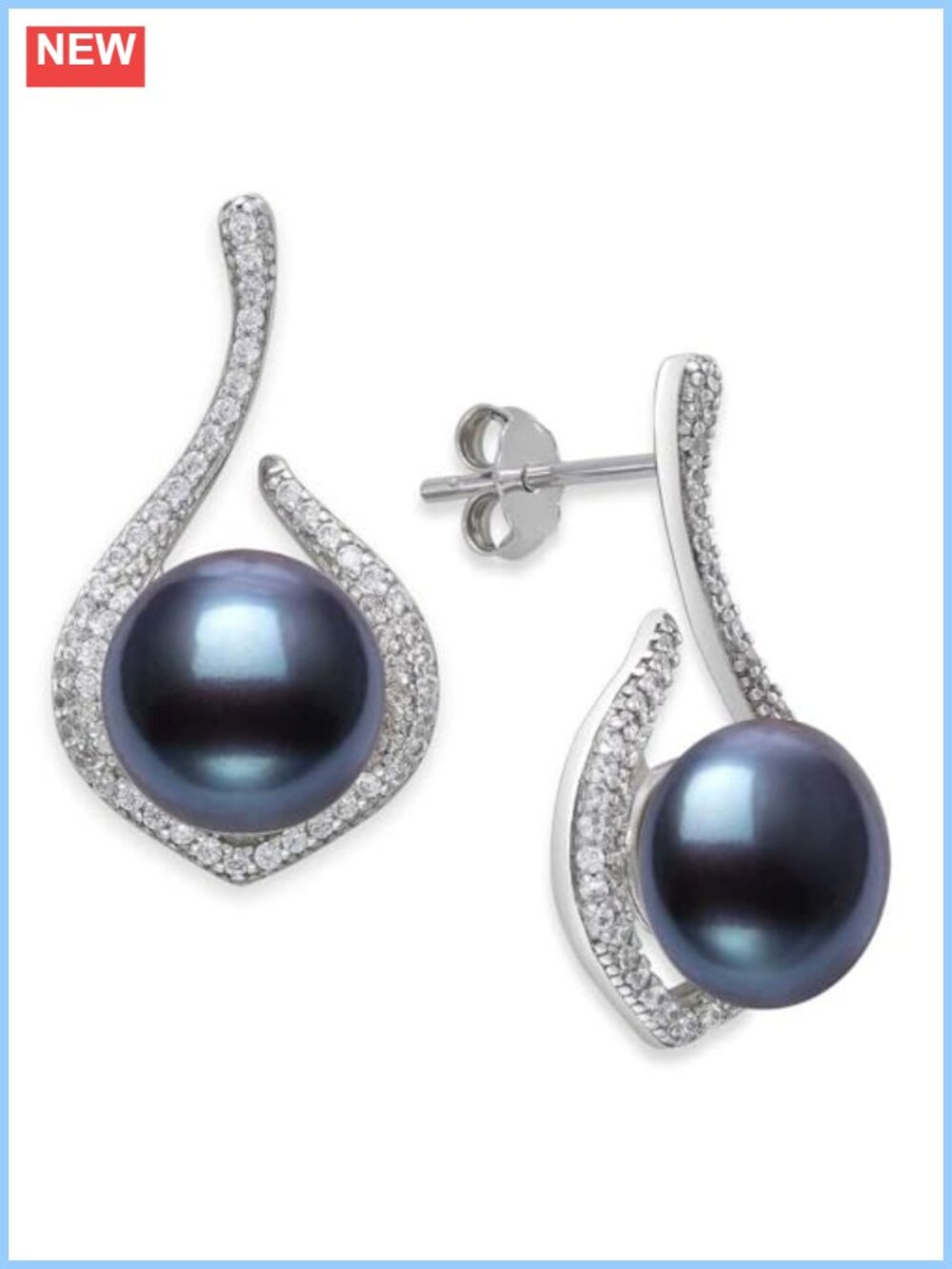Sterling Silver Black Button Freshwater Pearl Drop Dangle Earrings CZ Gift